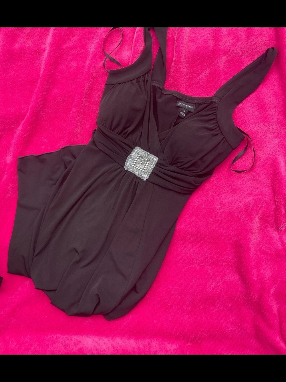 B. Smart Black Evening Dress with Rhinestone Waist Detail